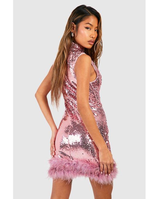 Boohoo Red Sequin High Neck Feather Detail Party Dress