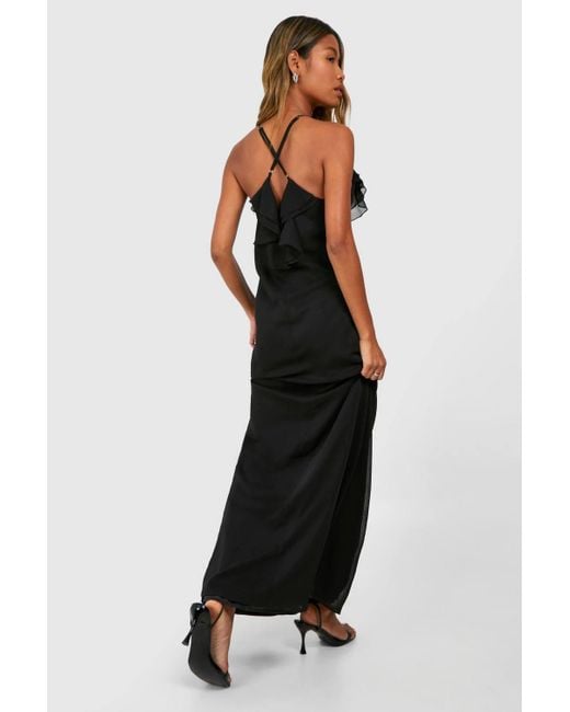 Boohoo Black Chiffon Ruffle Midaxi Dress