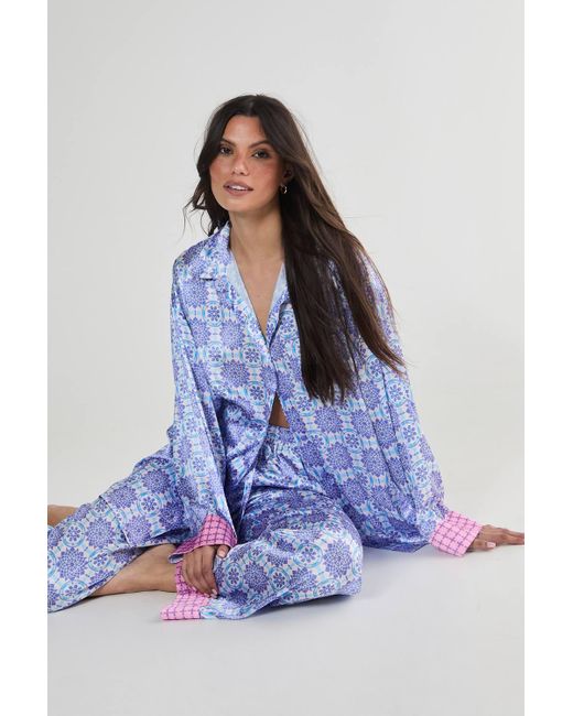 Nasty Gal Blue Satin Tile Print Border Oversized Pajama Pants Set