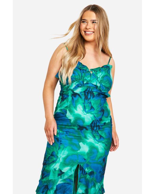 Plus Abstract Floral Ruffle Maxi Dress Boohoo de color Blue