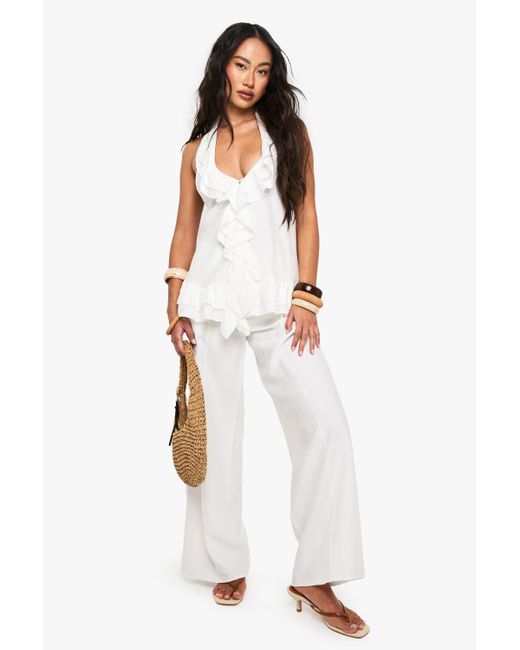 Boohoo White Woven Crinkle Seam Detail Wide Leg Trouser