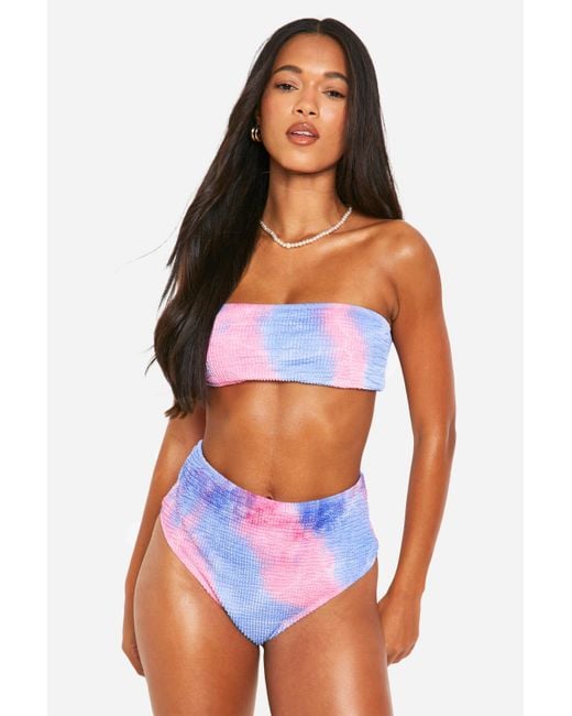 Boohoo White Tie Dye Crinkle Bandeau Bikini Top