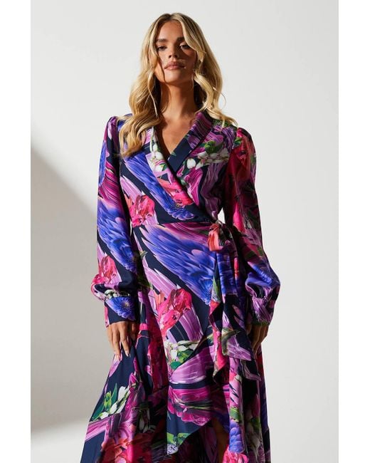 Coast Multicolor Petite Printed Satin Wrap Wedding Guest Dress