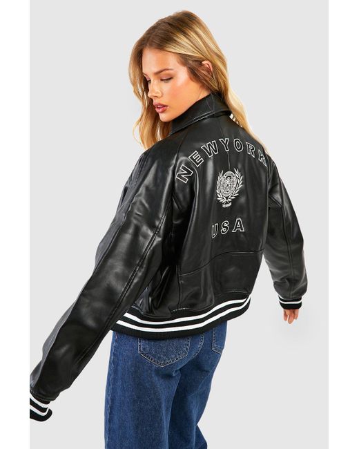 Boohoo Blue Oversized Embroidered New York Faux Leather Bomber