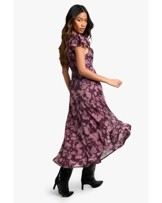 Boohoo Red Floral Long Sleeve Twist Front Midaxi Dress