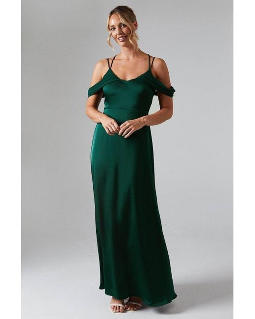 Coast Green Wrap Cold Shoulder Strappy Satin Bridesmaid Dress