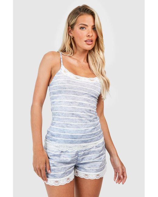 Boohoo White Stripe Lace Trim Jersey Cami & Short Pyjama Set
