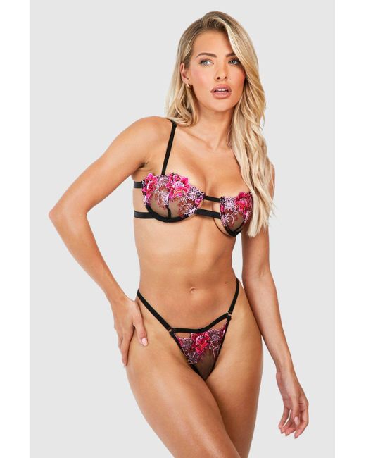 Boohoo Black Floral Embroidered Balcony Bra And Thong Set