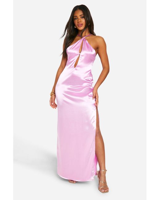 Boohoo Pink Satin Halter Cut Out Slip Maxi Dress