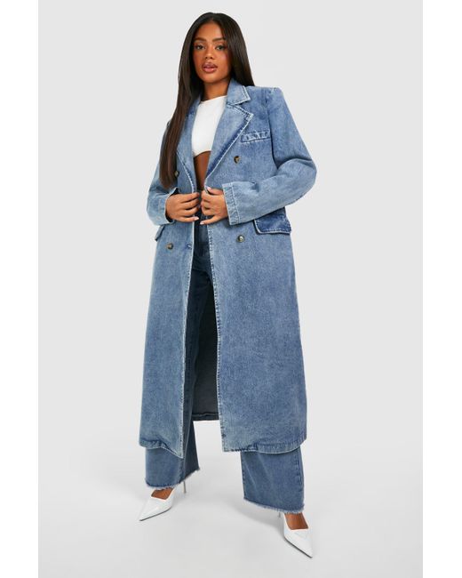 Boohoo Blue Double Breasted Denim Trench Coat