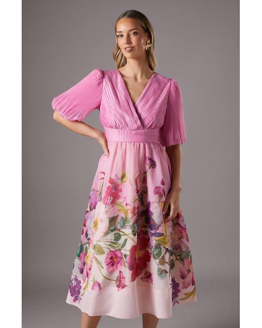Coast Pink Pleat Wrap Puff Sleeve Organza Midi Dress
