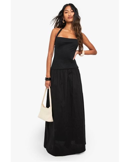 Boohoo Jersey Rib Cotton Mix Halterneck Maxi Dress in Black | Lyst