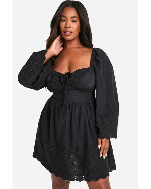 Boohoo Black Plus Woven Broderie Tie Detail Milkmaid Mini Dress