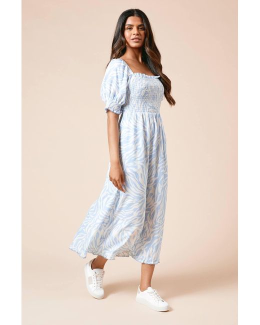 Dorothy Perkins Blue Petite Shirred Bodice Trim Detail Midaxi Dress