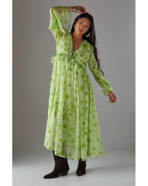 Warehouse Green Petite Chiffon Plunge Neck Ruffle Midi Smock Dress