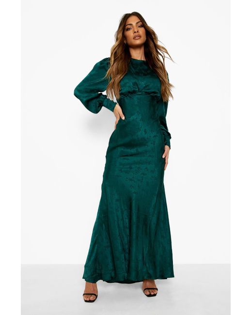 Boohoo Satin Jacquard Blouson Sleeve Maxi Dress in Green | Lyst Canada