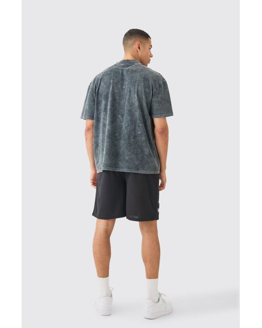 BoohooMAN Blue Oversized Acid Wash Limited T-shirt & Mesh Basketball Shorts for men