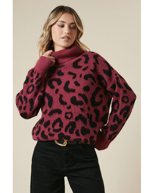 Dorothy Perkins Red Fluffy Leopard Roll Neck Sweater
