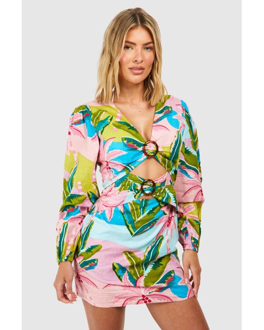 Boohoo Pink Tropical Linen Look O-rings Beach Mini Dress