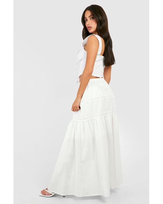 Boohoo White Petite Lace Trim Tiered Woven Maxi Skirt
