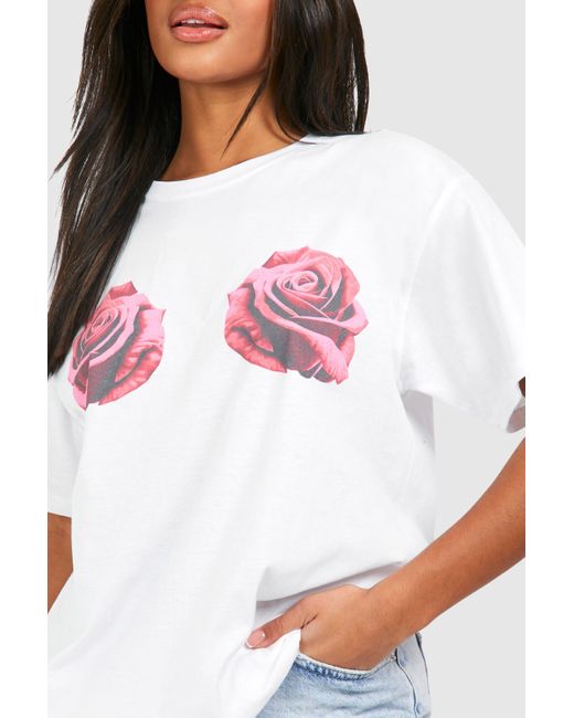 Oversized Rose Printed Cotton Tee Boohoo de color White