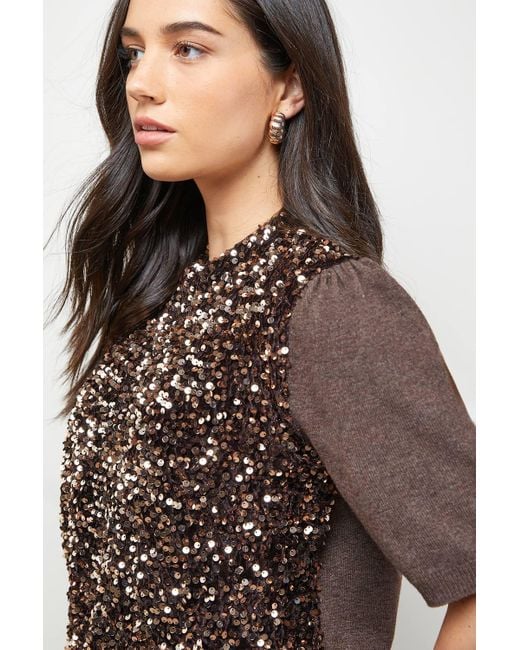 Oasis Brown Sequin Knitted Top