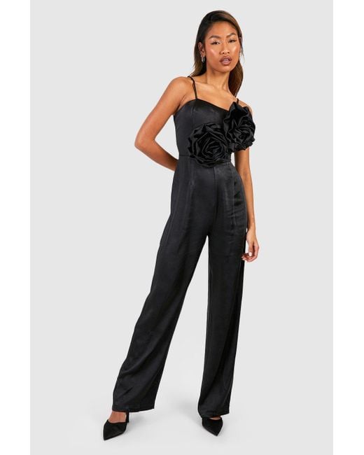 Boohoo Black Rose Front Strappy Jumpsuit