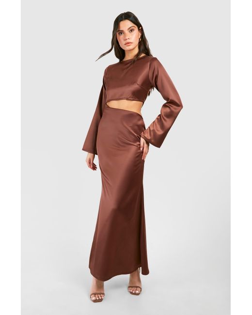 Boohoo Brown Satin Cut Out Long Sleeve Maxi Dress