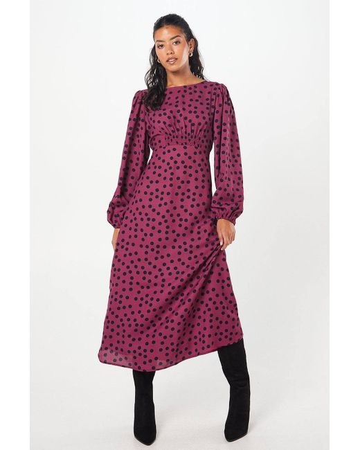 Dorothy Perkins Petite Berry Spot Shirred Waist Long Sleeve Midi Dress