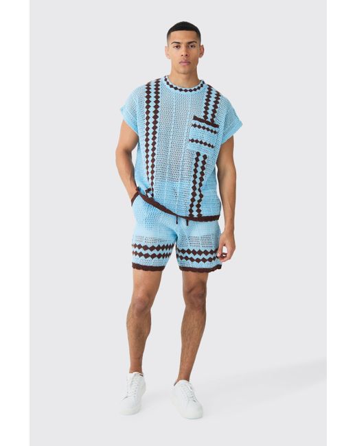 BoohooMAN Blue Oversized Open Stitch Tank Short Knitted Set for men