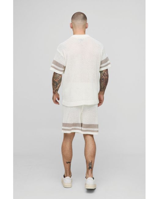 BoohooMAN White Relaxed Fit Striped Open Stitch Shorts for men