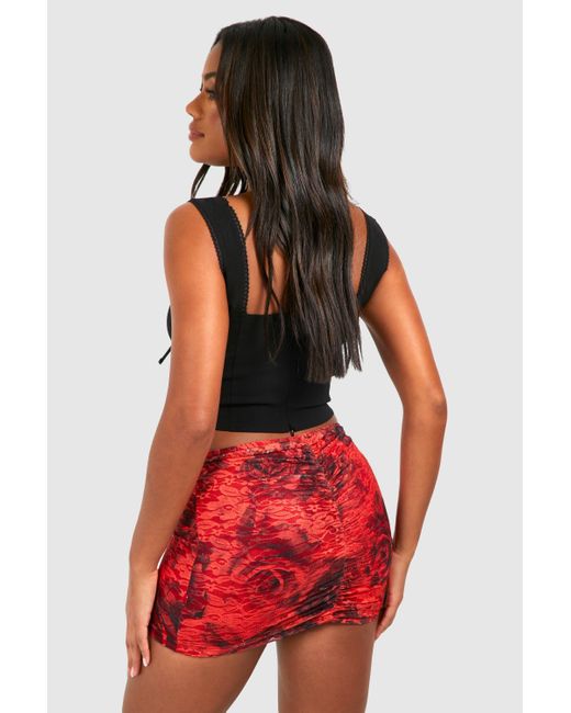 Boohoo Red Lace Rose Printed Ruched Bum Mini Skirt