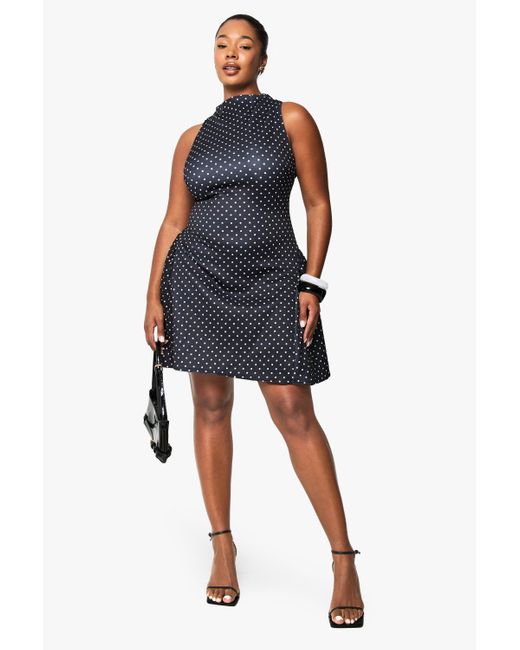 Boohoo Blue Plus Polka Dot Volume Skater Dress
