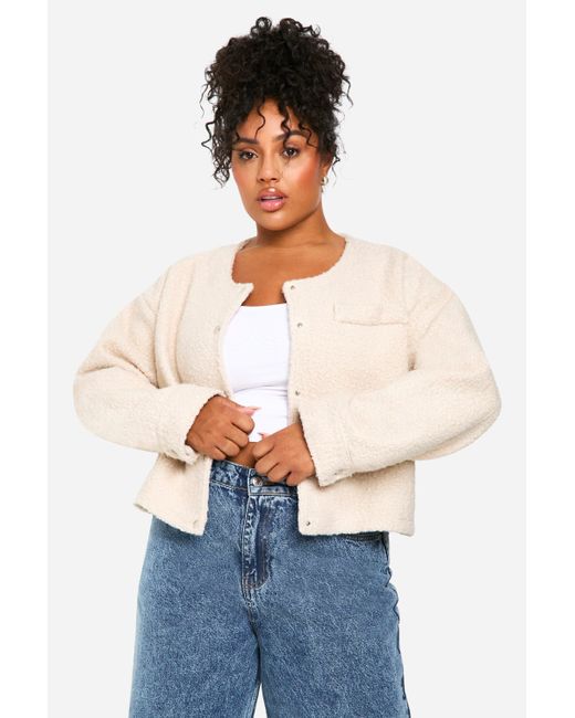Boohoo Blue Plus Collarless Wool Bomber Jacket