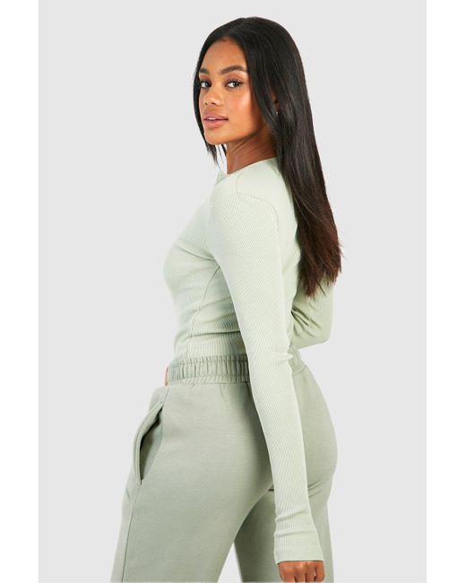 Boohoo Green Ribbed Zip One Piece And Jogger Set