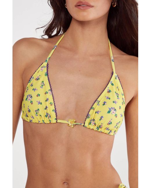 Nasty Gal Yellow Ditsy Floral Picot Trim Triangle Bikini
