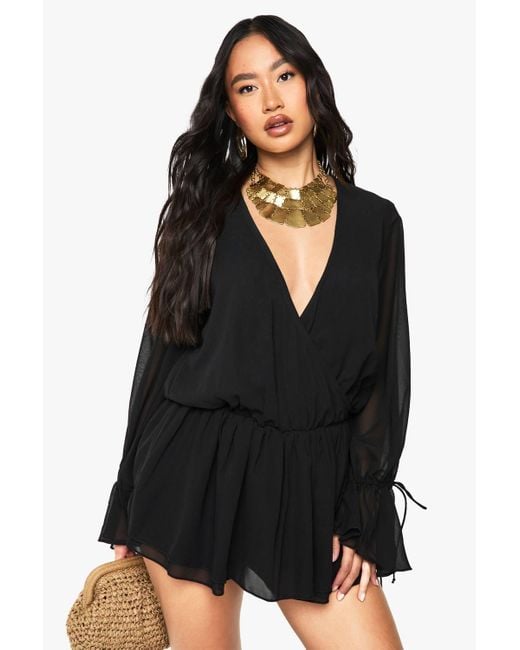 Boohoo Black Chiffon Long Sleeve V Neck Playsuit