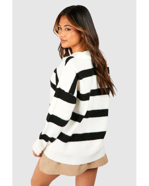 Boohoo White Half Zip Funnel Neck Stripe Sweater