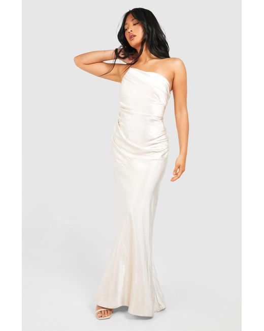 Boohoo White Petite Bridesmaid Satin Strappy Asymmetric Maxi Dress