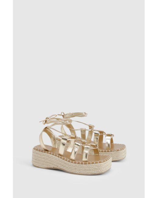Boohoo Brown Metallic Wrap Around Tie Leg Flatform Sandal