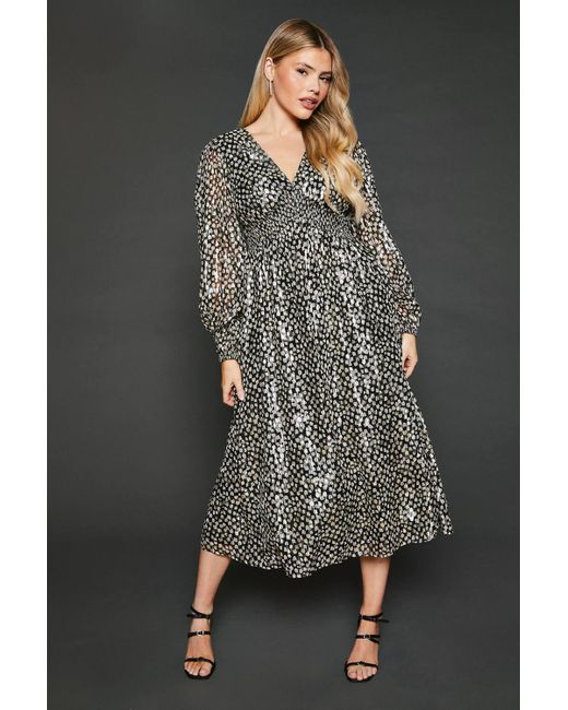 Dorothy Perkins Gray Abstract V Neck Metallic Midi Dress