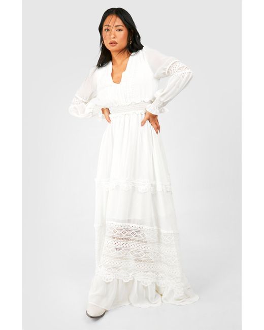 Petite Boho Lace Detail Tierred Maxi Dress Boohoo de color White