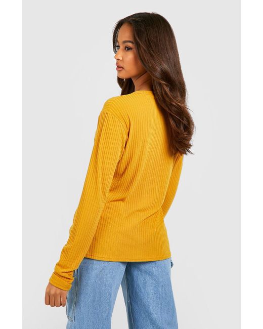 Boohoo Soft Rib Knit Cardigan in Yellow | Lyst