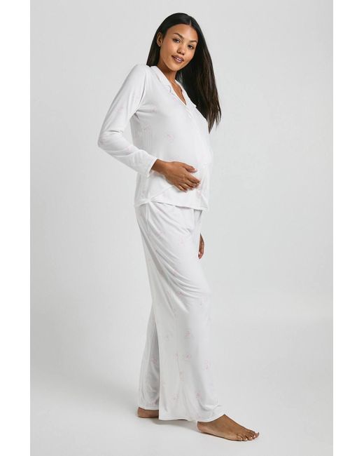 Boohoo White Maternity Bear Print Shirt & Trouser Pj Set