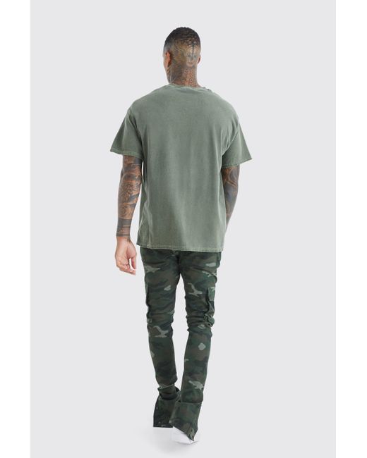 BoohooMAN Green Skinny Stacked Popper Hem Camo Cargo Trouser for men