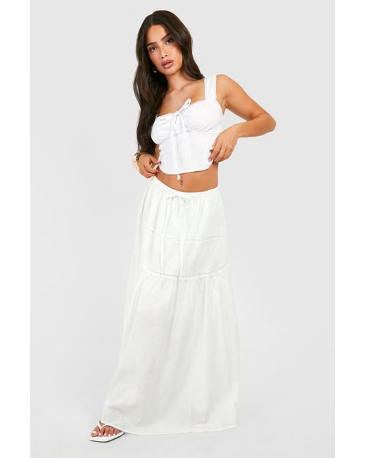 Boohoo White Petite Lace Trim Tiered Woven Maxi Skirt