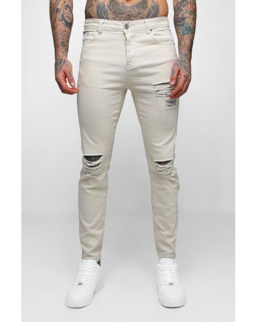 Boohoo Skinny Fit Ecru Denim Distressed Jeans in Gray for Men Lyst