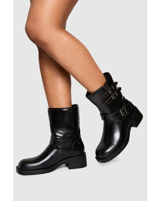 Boohoo Black Vintage Style Buckle Detail Biker Boot