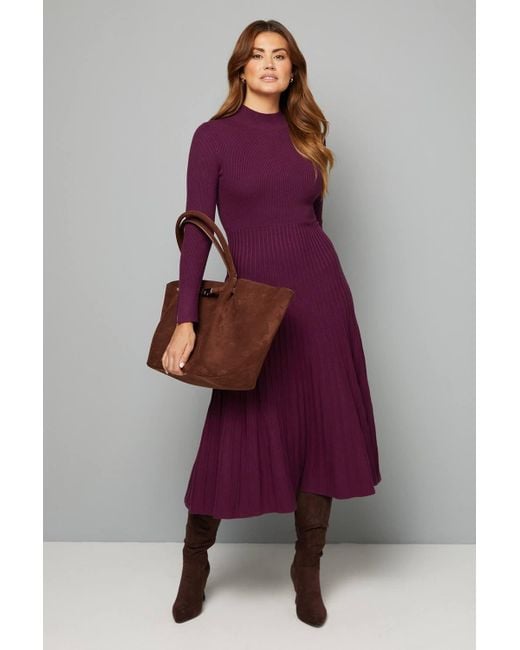 Wallis Purple Button Cuff Detail High Neck Pleated Knitted Midaxi Dress