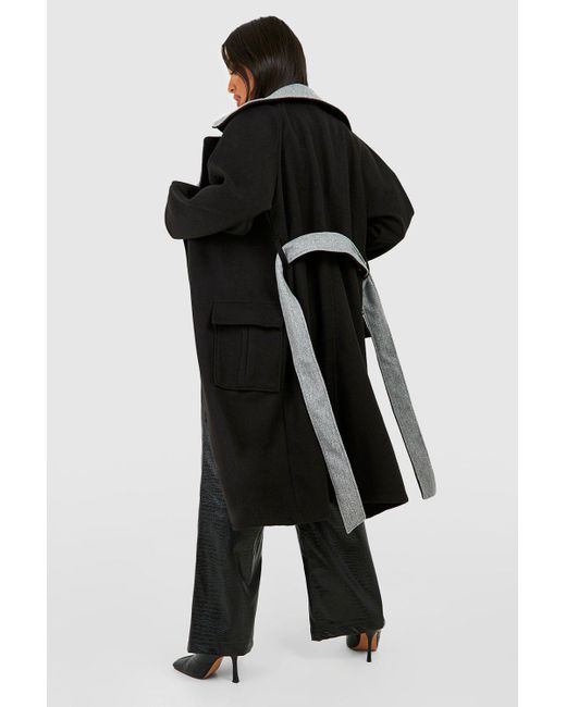 Boohoo Black Petite Contrast Belted Wool Look Coat